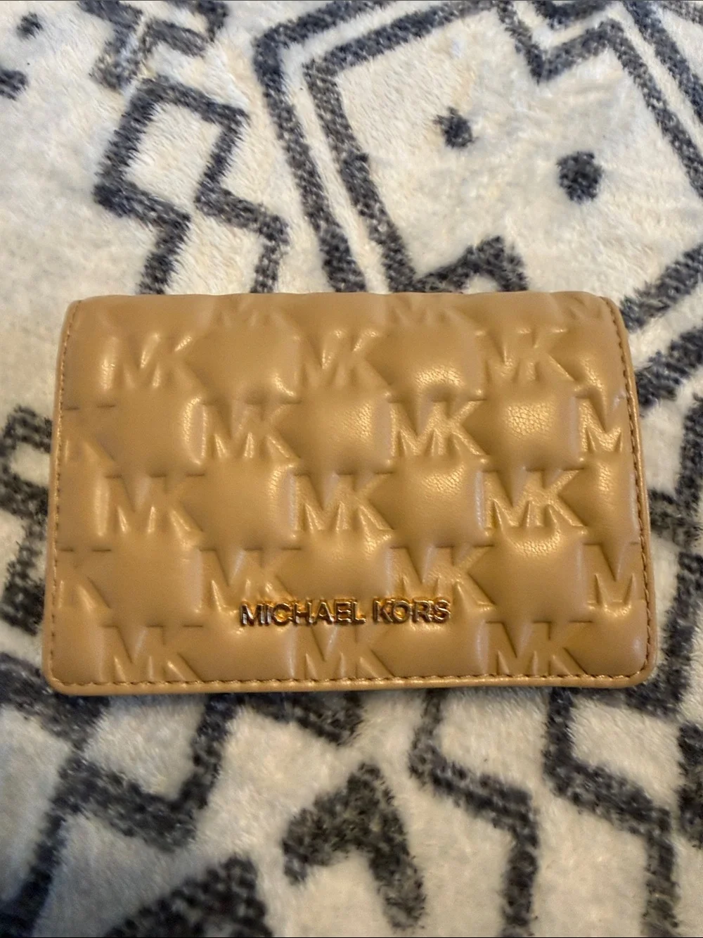 Michael Kors Quilted MK Logo Tan Card Holder with Gold Logo